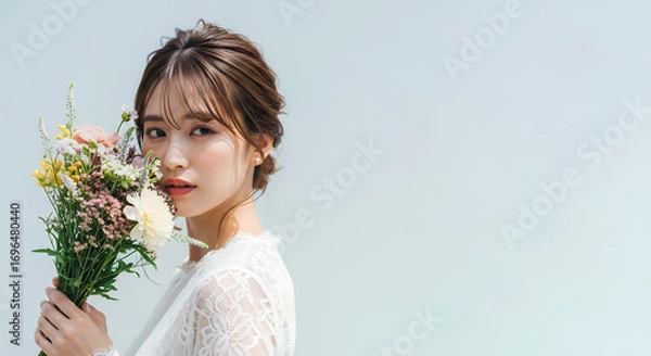 Fototapeta 白いレースのドレスを着た若い女性がカラフルな花束を持つポートレート