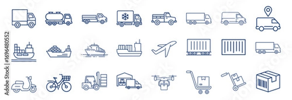Fototapeta Commercial vehicles line icon set. Vector pictograms of container, pallet, forklift, plane, drone, helicopter, ship, train, cargo truck, warehouse, thin linear illustration. vector illustration eps