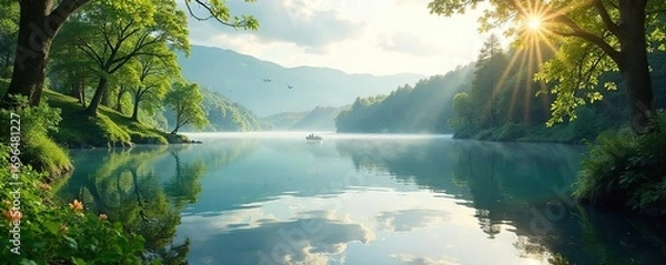 Fototapeta Serene lakeside scene perfect for relaxation and escape Tranquil water, lush greenery, and gentle sunlight create a peaceful atmosphere ideal for leisure , quiet, summer
