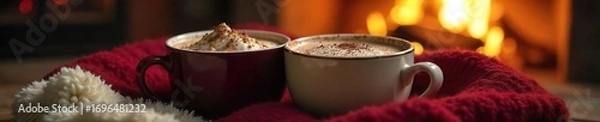 Fototapeta Cozy scene of two mugs of hot chocolate nestled together on a warm, textured blanket near a crackling fireplace, implying warmth and togetherness , drink, comfort food, steamy