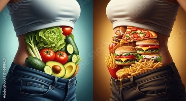 Fototapeta A comparison of healthy eating versus unhealthy eating represented in human bodies side by side