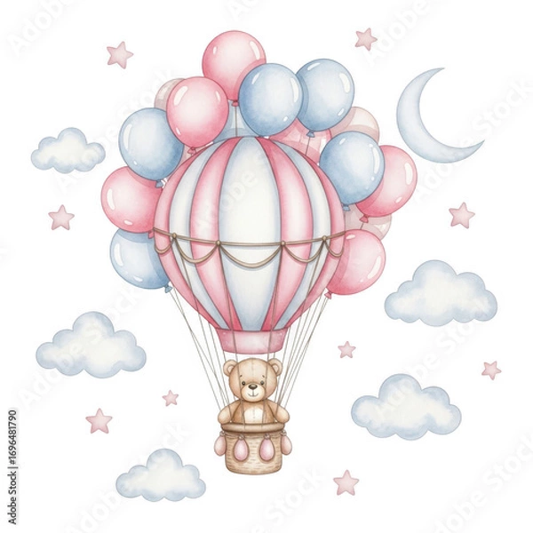 Obraz Teddy bear in hot air balloon isolated on transparent background