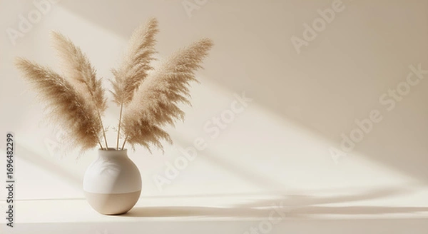 Fototapeta Minimal interior with pampas grass in a stylish white vase, soft shadows and light on white background. Modern natural decor with neutral tones and botanical aesthetics.