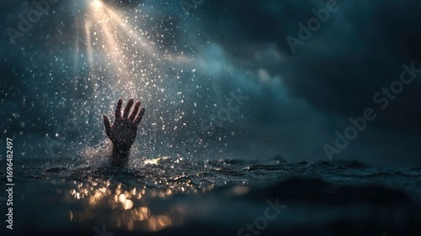 Fototapeta a desperate hand reaching for help above the water surface with ray light on the water, symbolizing despair and hope