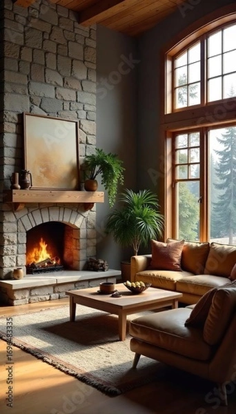Fototapeta Warm & Inviting Living Room with Fireplace Natural Light Streams Through Large Windows, Creating a Cozy Atmosphere Perfect for Relaxation and Family Time