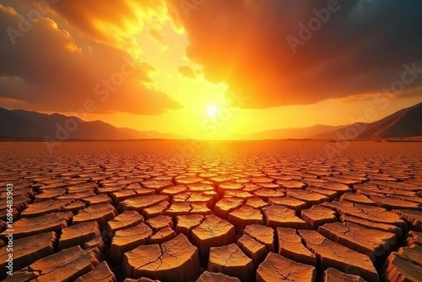 Fototapeta Intense sunlight beats down on a parched, cracked earth, highlighting the dangers of extreme heat and drought  A stark warning of climate change's impact on the landscape ,  sunshine,  soil
