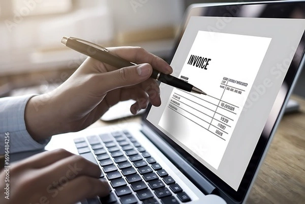 Fototapeta Invoice for payment, digital invoice document, e-invoice and Digital billing concept, man using laptop to manage electronic statements. E-tax, Online invoice processing and tax accounting solutions.