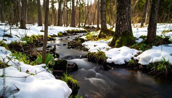 Fototapeta A tranquil woodland stream meanders through a snowy forest floor, dappled sunlight illuminating the icy banks and vibrant new growth.