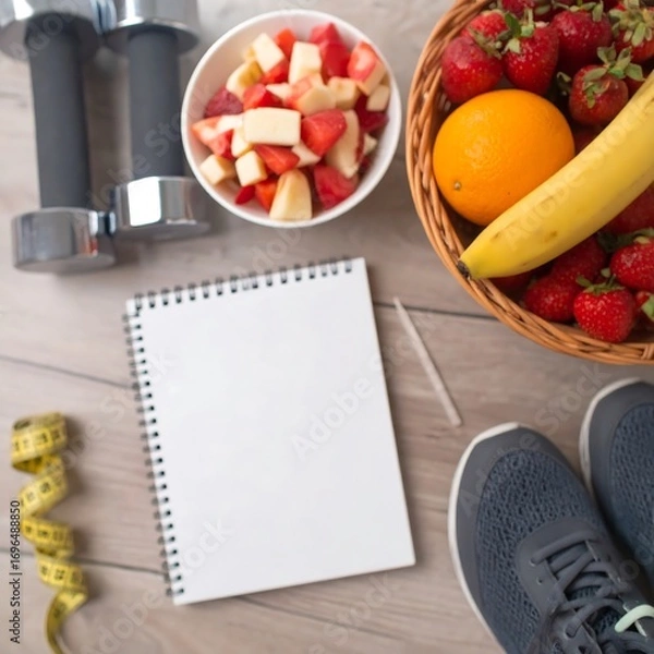 Fototapeta A flatlay composition of a blank notebook, fresh fruit, dumbbells, a measuring tape, and athletic shoes, suggesting a healthy lifestyle and wellness plan.