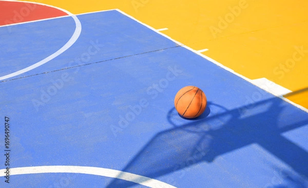 Fototapeta Basketball on outdoor basketball court with colorful outline pattern on concrete yard floor surface in high school, Sport field background