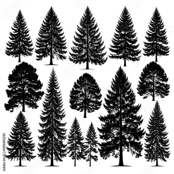 Fototapeta Collection of various tree silhouettes against a plain background.