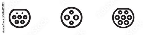 Fototapeta Types of electric vehicle plugs. Electro and hybrid car charging plugs with naming. Vector illustration of charging inlets for phev. Vector Illustration.