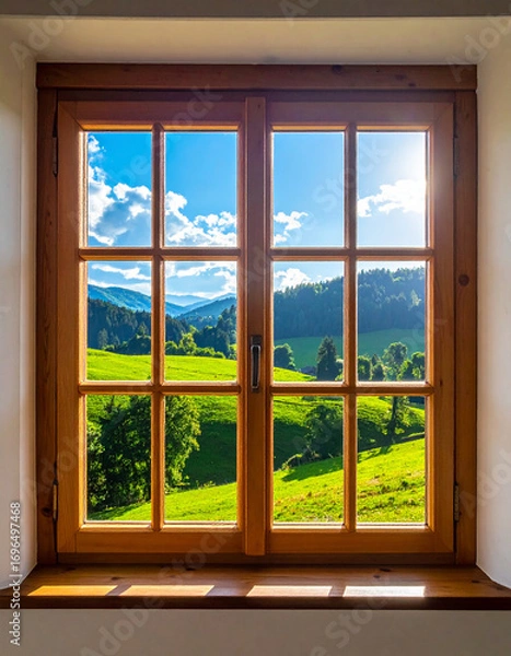 Fototapeta Scenic green valley view with open wooden window under sunlight creating peaceful countryside landscape.