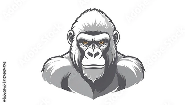 Fototapeta A powerful gorilla head, detailed in shades of gray and white, stares directly forward against a plain white background.