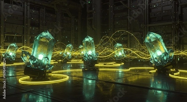 Fototapeta Futuristic Crystalline Data Network - Glowing Green Energy Flow AI-Generated for Tech Presentations, Sci-Fi Concepts