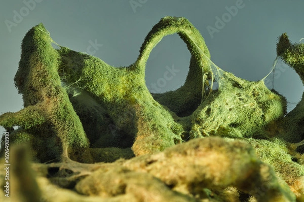Fototapeta Roots covered with green mold, very close up. Macro photo of fungal mold.