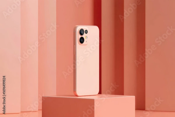 Fototapeta A peach colored phone stands on a peach colored cube against a peach colored wall backdrop