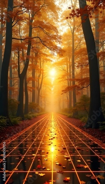 Fototapeta Autumn Forest with Glowing Path at Sunset
