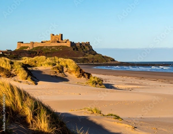 Fototapeta Picturesque beach scene with ancient castle on a hill overlooking the shoreline, bathed in warm sunlight.