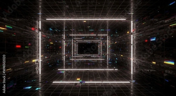 Fototapeta Neon Cybernetic Grid - Immersive Futuristic Data Flow AI-Generated for Tech Presentations, VR Concepts