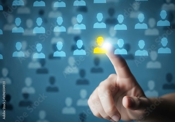 Fototapeta Hand selecting unique person from crowd, highlighting talent acquisition and recruitment success for modern teams.