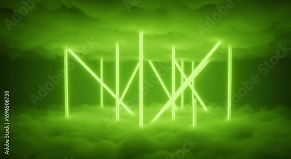 Fototapeta Futuristic Green Geometric Structure - Glowing Neon Cube in Ethereal Mist AI-Generated for Tech Branding, Sci-Fi Scenes