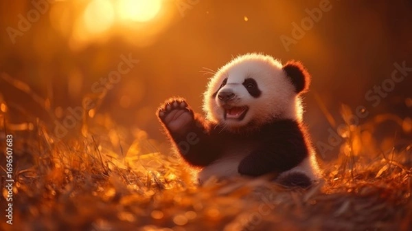 Obraz Adorable panda cub playing joyfully in golden sunlight amidst dry grass