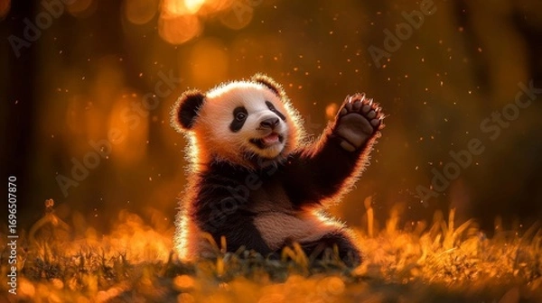 Obraz Adorable panda cub sitting on grass with a playful expression, surrounded by warm golden light.