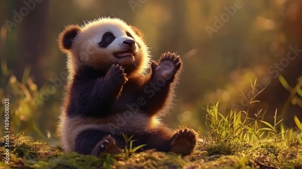 Obraz Adorable baby panda sitting on mossy ground in a sunlit forest