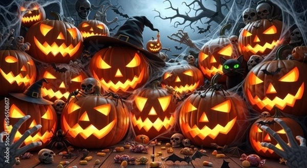 Fototapeta Spooky halloween scene with glowing jack o lanterns and black cat lurking
