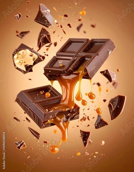 Fototapeta A broken dark chocolate bar with caramel dripping and pieces flying in the air, highlighting the textures and flavors.