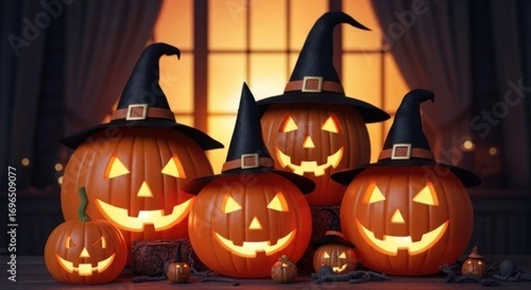 Fototapeta Jack o lanterns wearing witch hats glowing on a wooden table indoors