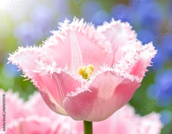 Fototapeta A delicate pink fringed tulip blossoms in soft focus, showcasing its fringed petals and vibrant color against a blurred background of greens and blues.