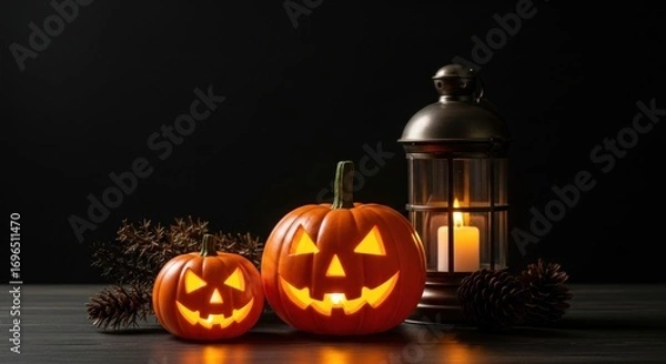 Fototapeta Glowing jack o'lanterns and a lantern create a spooky halloween atmosphere