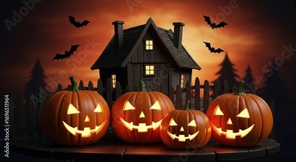 Fototapeta Jack o lanterns glowing in front of a spooky house on halloween night