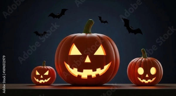 Fototapeta Jack o lanterns glowing with bats flying around for a spooky halloween night