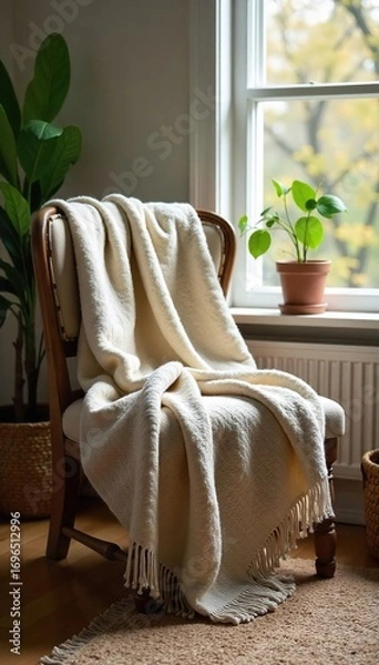 Fototapeta Cozy, warm wool throw blanket draped over a rustic wooden chair in a sunlit living room Perfect for adding texture and comfort to interior design , woven, comfort