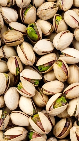 Fototapeta Close-up view of numerous pistachios, showcasing their light beige shells and vibrant green centers.