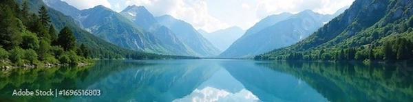 Fototapeta Serene mountain lake reflecting the majestic peaks, surrounded by lush greenery and tranquil waters Perfect for travel, nature, and landscape projects , pure, crystal