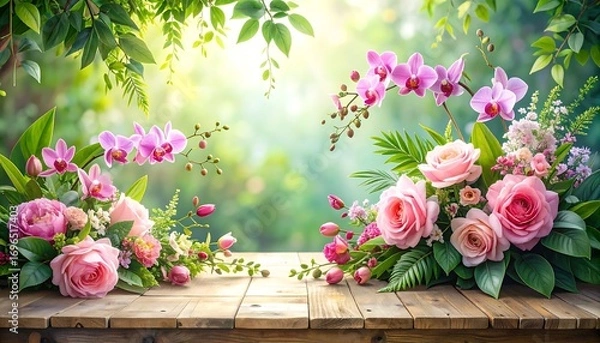 Fototapeta A springtime arrangement of vibrant pink roses and orchids, artfully displayed on a rustic wooden surface, bathed in soft natural light, showcasing a serene and beautiful floral display.