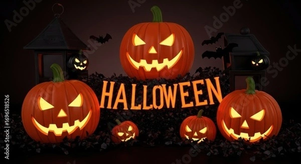 Fototapeta Spooky halloween pumpkins glowing with bats and lanterns in dark setting