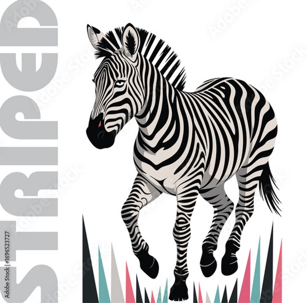 Fototapeta Stylized Zebra Illustration with Striped Typography and Modern Grass Elements.