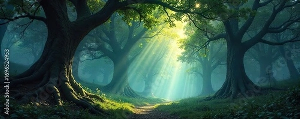 Fototapeta Enigmatic forest bathed in ethereal sunlight, ancient trees reaching towards a mystical sky Secrets whisper on the wind through the leaves, a sense of otherworldly magic pervades , mystical, vines