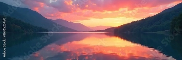 Fototapeta Serene landscape of a tranquil lake reflecting a sunset sky, perfect for relaxation and mindfulness Ideal for meditation, spa, travel, and wellness themes , mindfulness, chill, tranquility