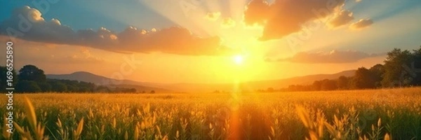 Fototapeta Golden sun rays burst through a vibrant, clear sky, illuminating the landscape with warmth and light Perfect for nature, summer, and energy themes , sun, tranquil, clouds