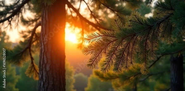 Fototapeta Golden hour sunlight bathes a towering pine tree, its needles shimmering with summer warmth  The air is still, and the scent of pine is thick and sweet ,  nature,  rural