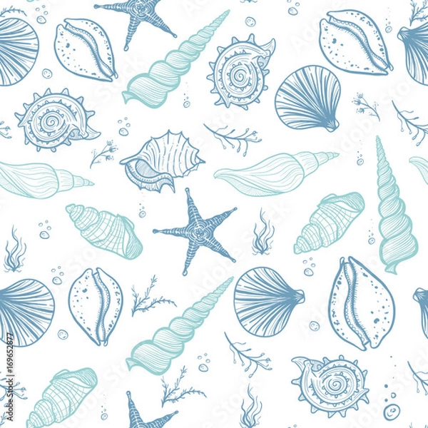 Fototapeta Seashells seamless pattern. Hand drawn doodle seashells, starfish, seaweed and corals. Creative seashells vector background.