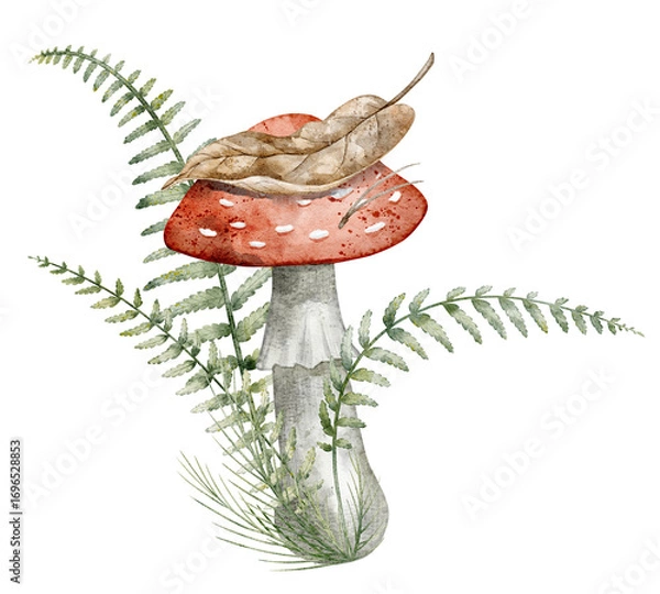Fototapeta Watercolor fly Agaric with fern leaves and autumn foliage. Illustration of woodland Fungus for botanical artworks and seasonal nature projects. Drawing of forest Toadstool on isolated background