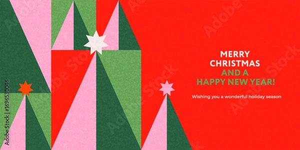Fototapeta Christmas greeting card, banner, poster, holiday cover. Modern geometric Xmas design with stylized Christmas Tree pattern made of geometric shapes in red, green, pink and white colors.
