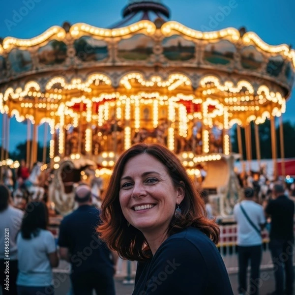 Obraz Smiling woman enjoys a vibrant amusement park carousel at dusk